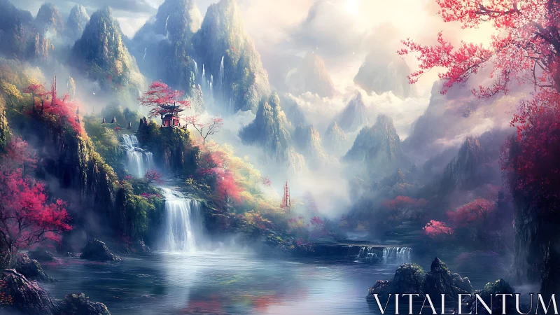 Dreamlike sakura valley with waterfalls and misty peaks.