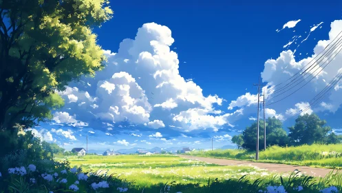 Anime rural landscape under towering cumulus sky panorama.