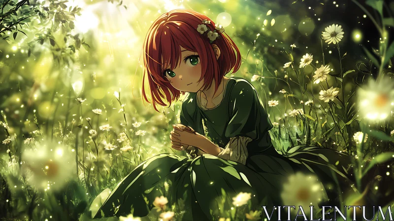 Red haired girl in luminous flower meadow under dappled light