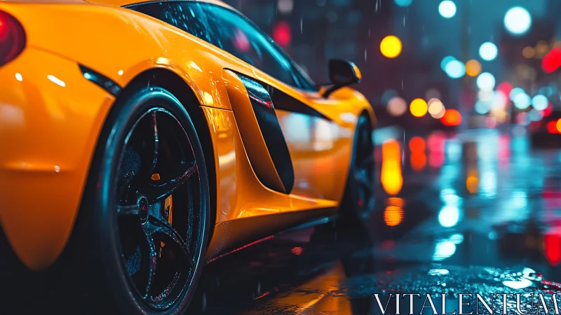 Neon soaked supercar waits in rain glazed midnight streets.