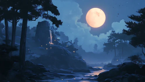Luminous full moon over misted forest river and waterfall.