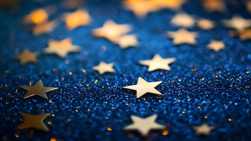 Golden paper stars scattered over deep blue glitter surface.