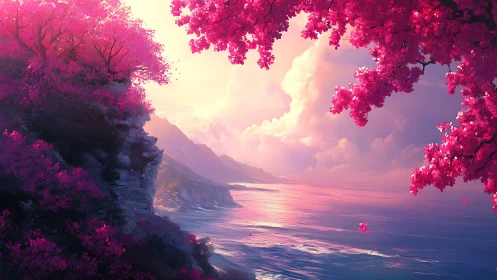 Digital seascape depicts pink foliage framing coastal cliffs