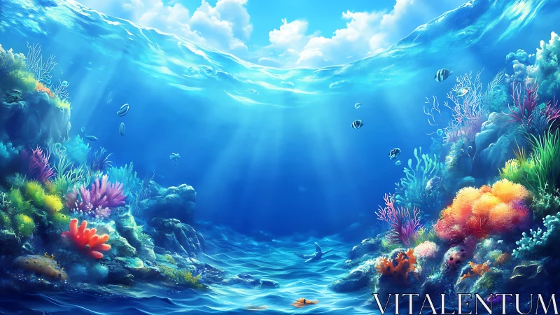 Colorful coral reef under clear sunlit tropical water.