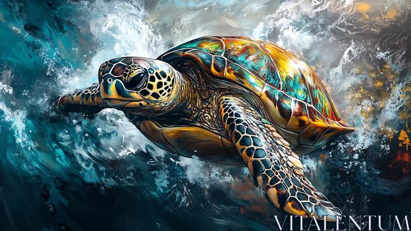 Sea turtle swims through turbulent, stylized ocean waves