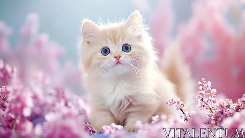 White Kitten with Blue Eyes in Blooming Pink Garden.
