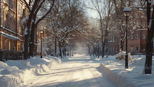 Snow-laden residential avenue under low-angle winter sunlight.