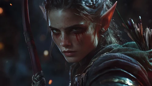 Elf archer portrait shows focused glare and battle wear