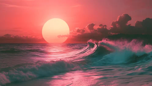 Neon sun sinks over textured ocean waves under dense clouds