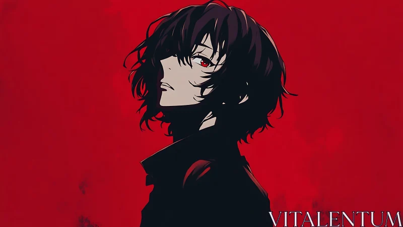 Brooding red‑eyed anime figure against stark crimson field.