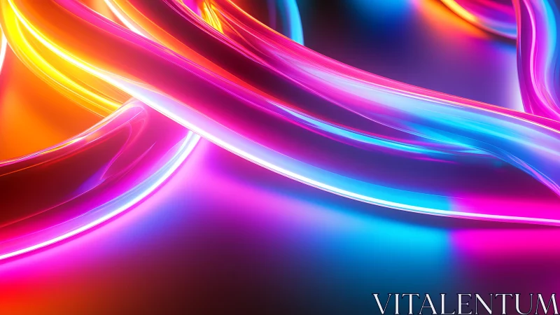 Curved neon light trails on reflective gradient surface.