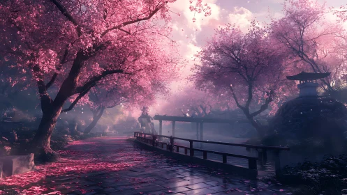 Cherry blossom canal path with volumetric light and soft haze depth