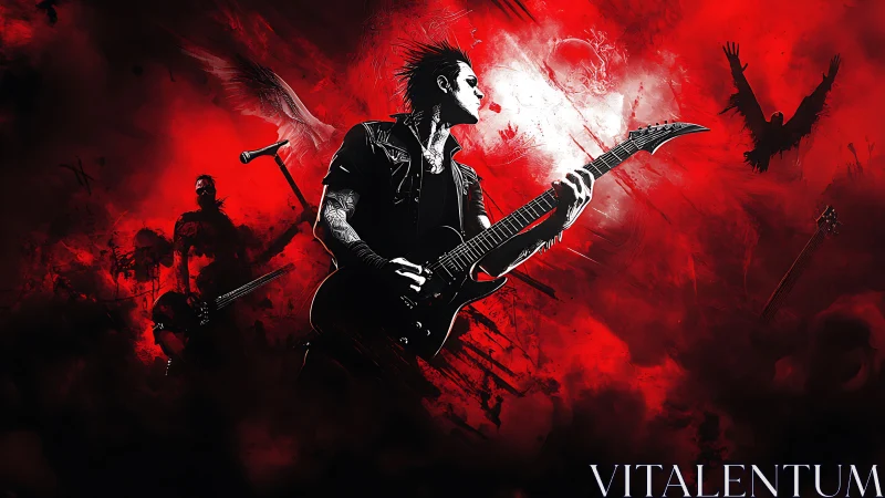 Electric night riff: guitar hero in a storm of red sound.