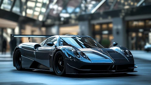 Carbon fiber hypercar stands parked in bright urban plaza
