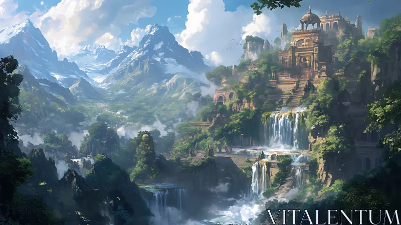 Hidden mountain citadel hums above cascading skyborn waterfalls