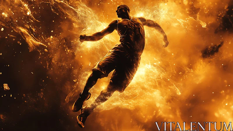Blazing basketball leap frozen inside a storm of fire.