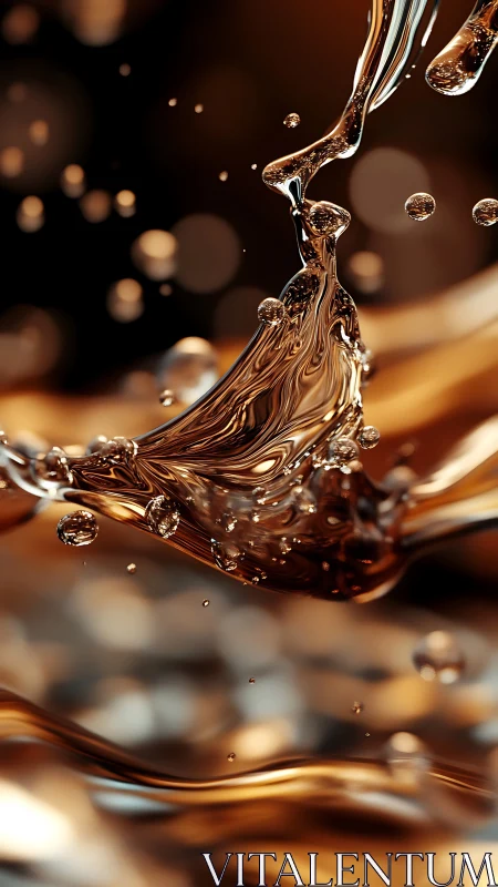 Metallic fluid splash forms sculptural ribbons in warm bokeh