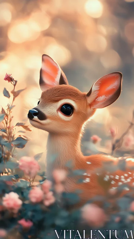 Dreamy forest fawn among blushing blossoms at sunrise.