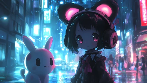 Neon city street frames chibi girl and rabbit under rain