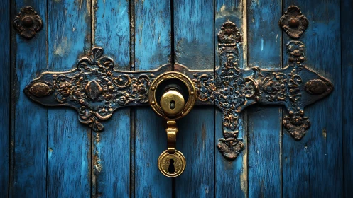 Corroded brass lock centered on weathered blue wooden door