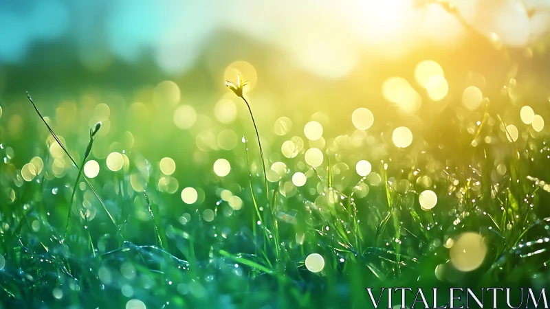 Macro sunrise bokeh over dew covered grass blades in field