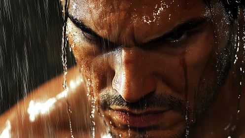 Intense male face in rain with cinematic dramatic lighting.