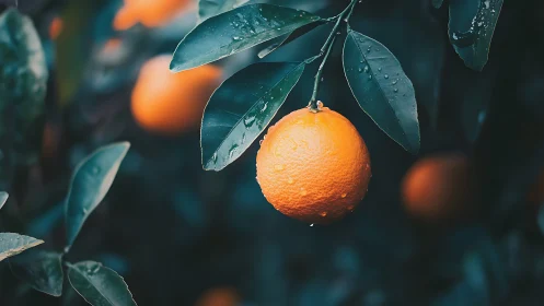 Rain-dappled orange fruit hangs against deep teal foliage