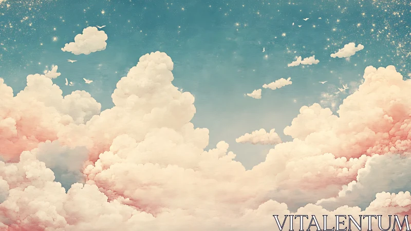 Layered pastel clouds under starry blue sky plane.