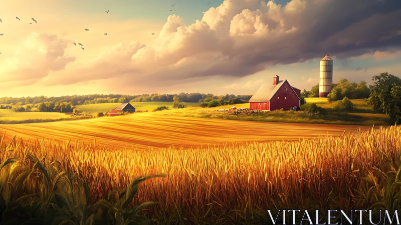Sunlit agricultural fields surround red barn and silo structures