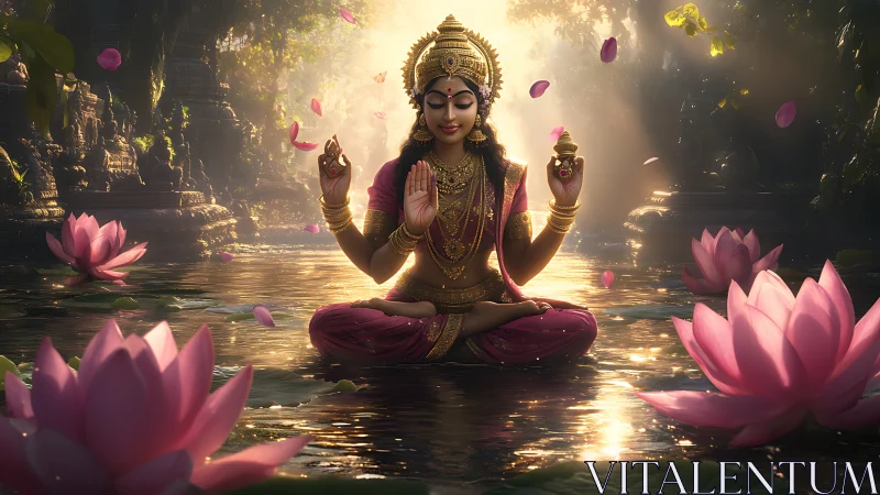 Divine lotus goddess meditating on tranquil sacred water.