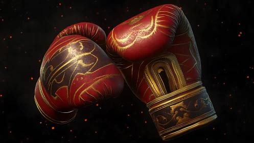 Red and Gold Ornamental Boxing Gloves with Decorative Details
