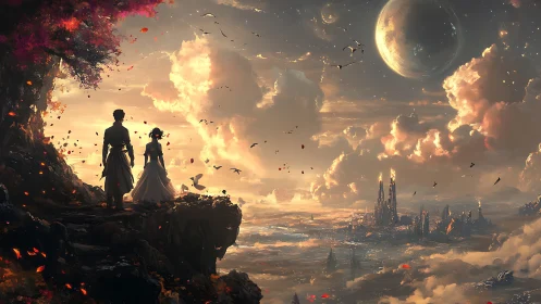 Romantic figures overlook celestial sci-fi cityscape at dusk.