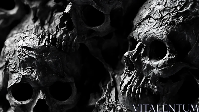 Moody tangle of weathered skulls in dramatic shadowed light.