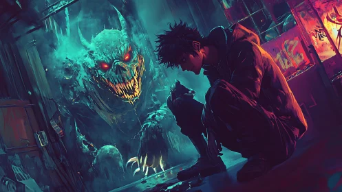 Hooded figure and spectral creature occupy neon alley space