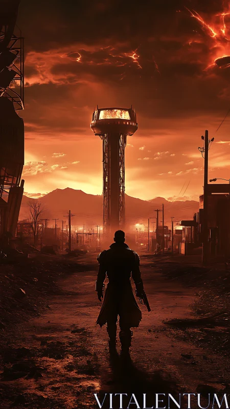 Lone wanderer walks toward a burning futuristic tower.