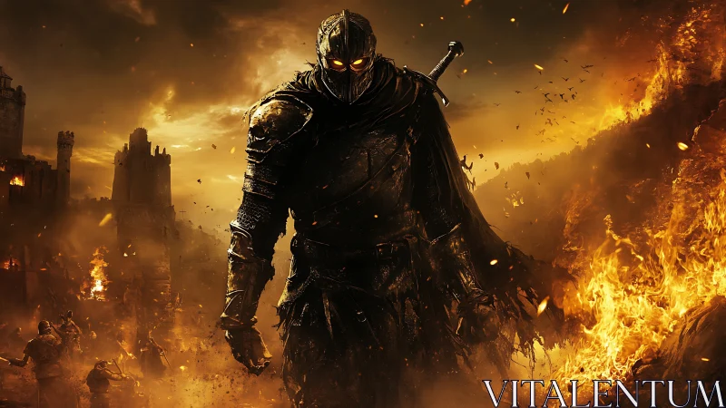 Armored dark knight strides through burning battlefield.