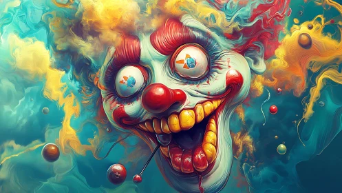 Psychedelic clown portrait with warped grin and orbs.