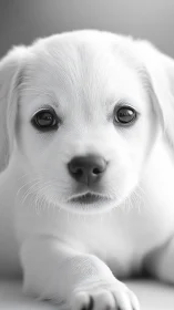 White puppy stares into camera with soft diffused lighting