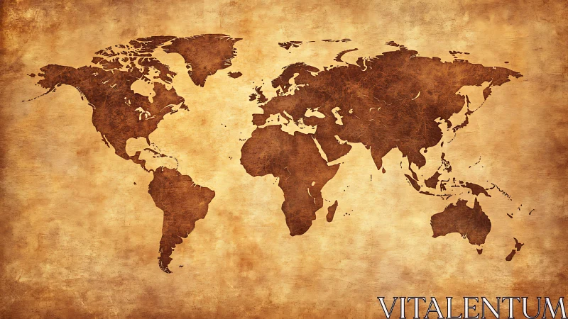 World map silhouette on textured sepia parchment background.