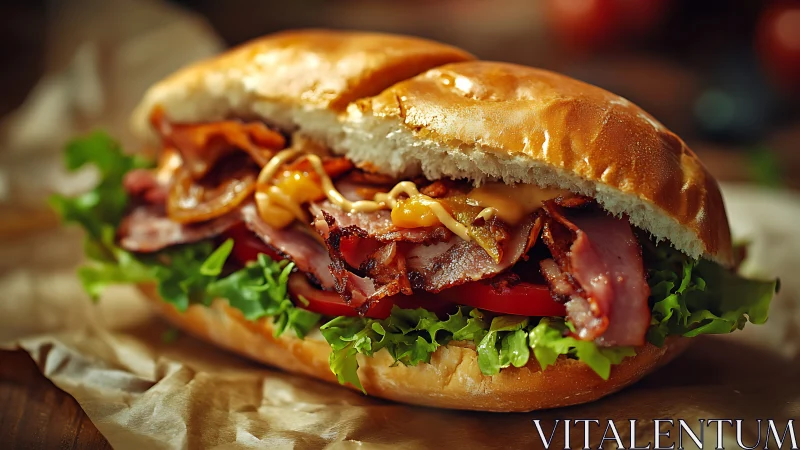 Bacon sandwich sits on parchment with crisp lettuce and sauce