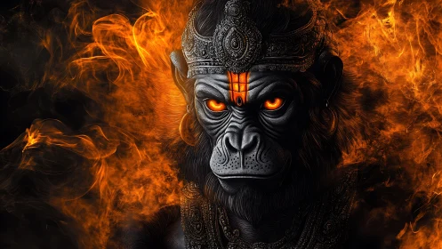 Simian fire deity portrait with ornamental crown detailing.