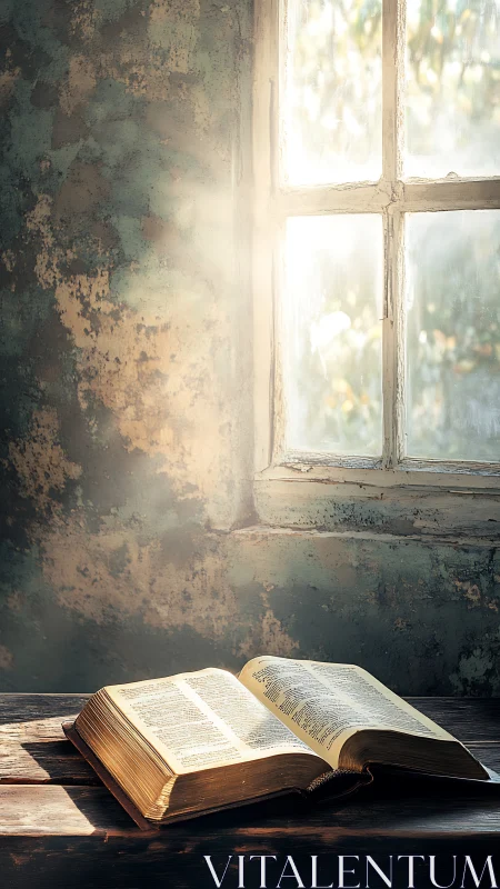 Sunlit open Bible rests on rustic wooden table by window.