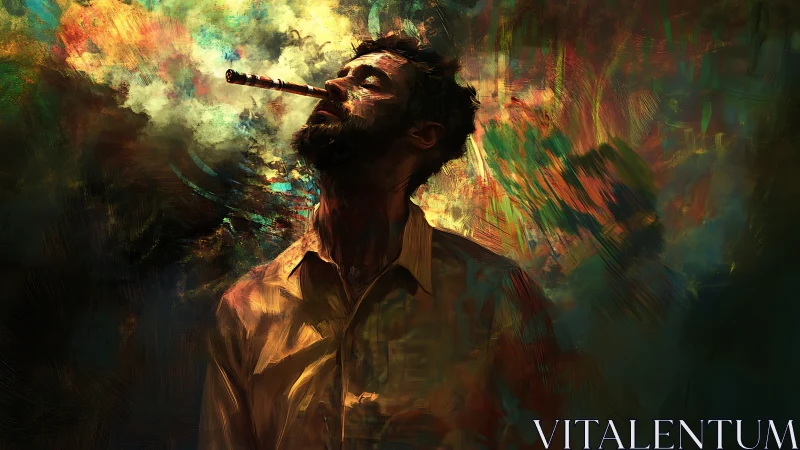 Male figure smoking in dense abstract color field background.