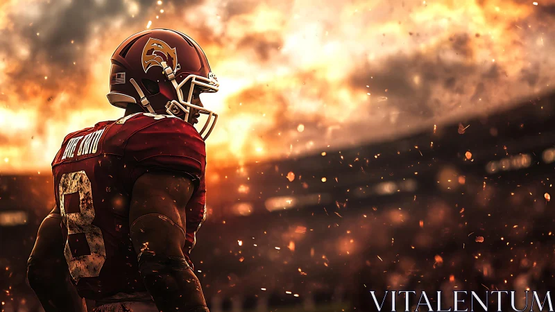 Gridiron titan strides through a storm of molten light.