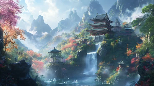 Multi-tiered mountain temples with cascading waterfall systems.