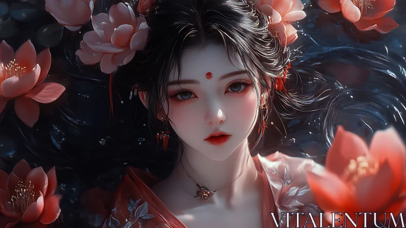 Lotus-crowned maiden gazes softly from moonlit water