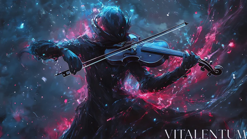 Starlit violinist ignites a cosmic storm of electric color
