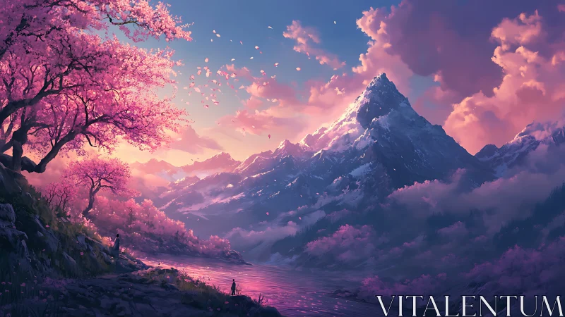 Blossom-lit mountain realm under a drifting petal sky.