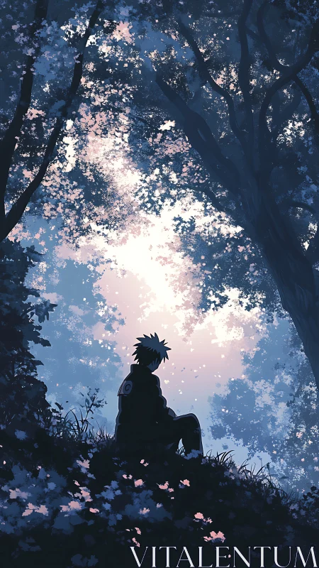 Solitary ninja rests beneath luminous forest canopy.