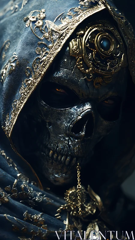 Jeweled skeletal reaper gazes out from a shadowed shroud